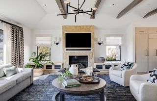 A modern, subtle blue and white themed living room