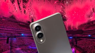 The Samsung Galaxy S25 Edge overlaid on a firework show.