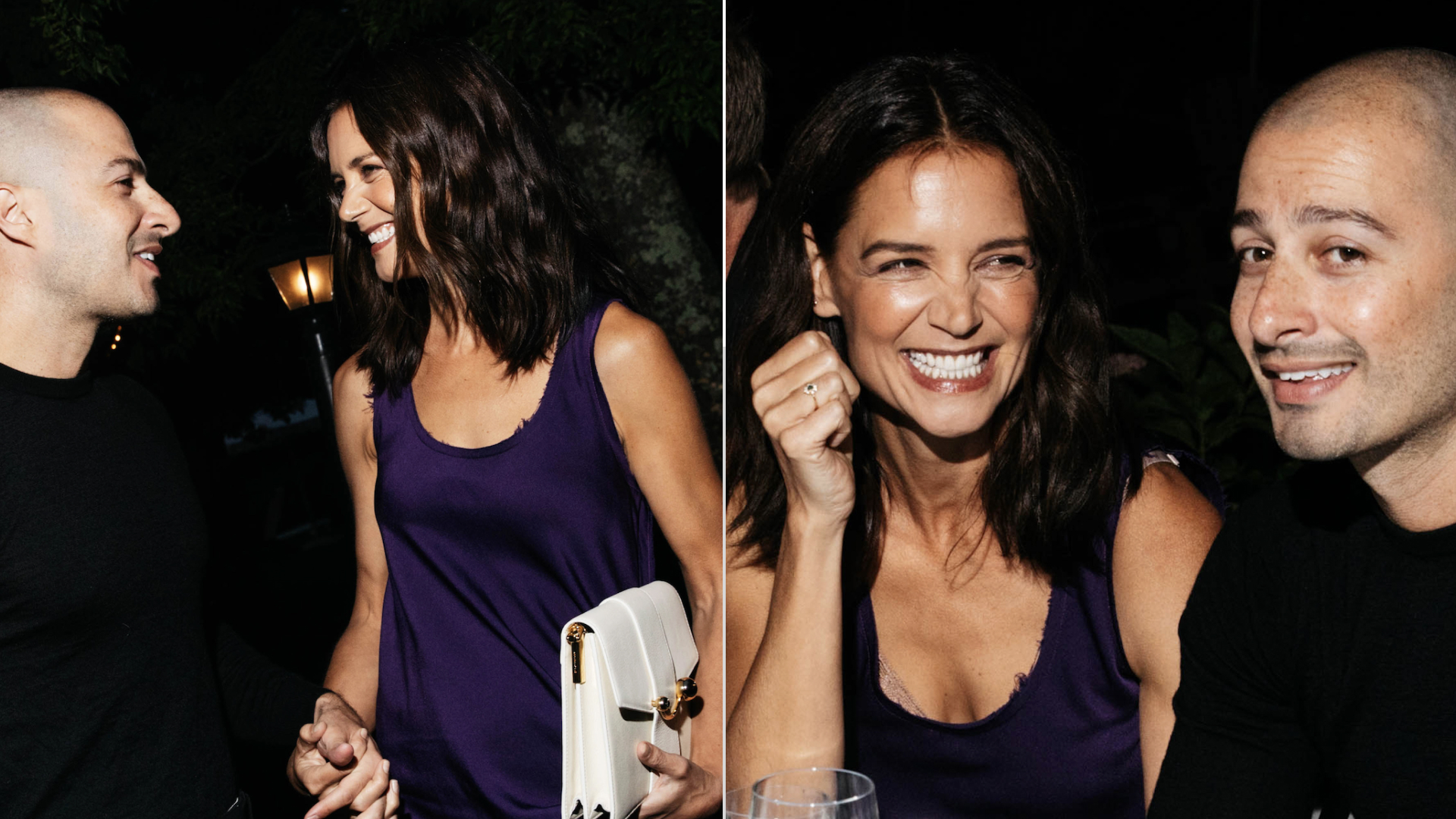 Katie Holmes wearing a purple dress and red shoes at the Michael Kors 45th Anniversary Collection Dinner held at Swifty's at The Hedges Inn on August 20, 2026 in East Hampton, New York
