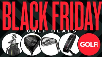 A range of different golf clubs in circles with a Black Friday board behind