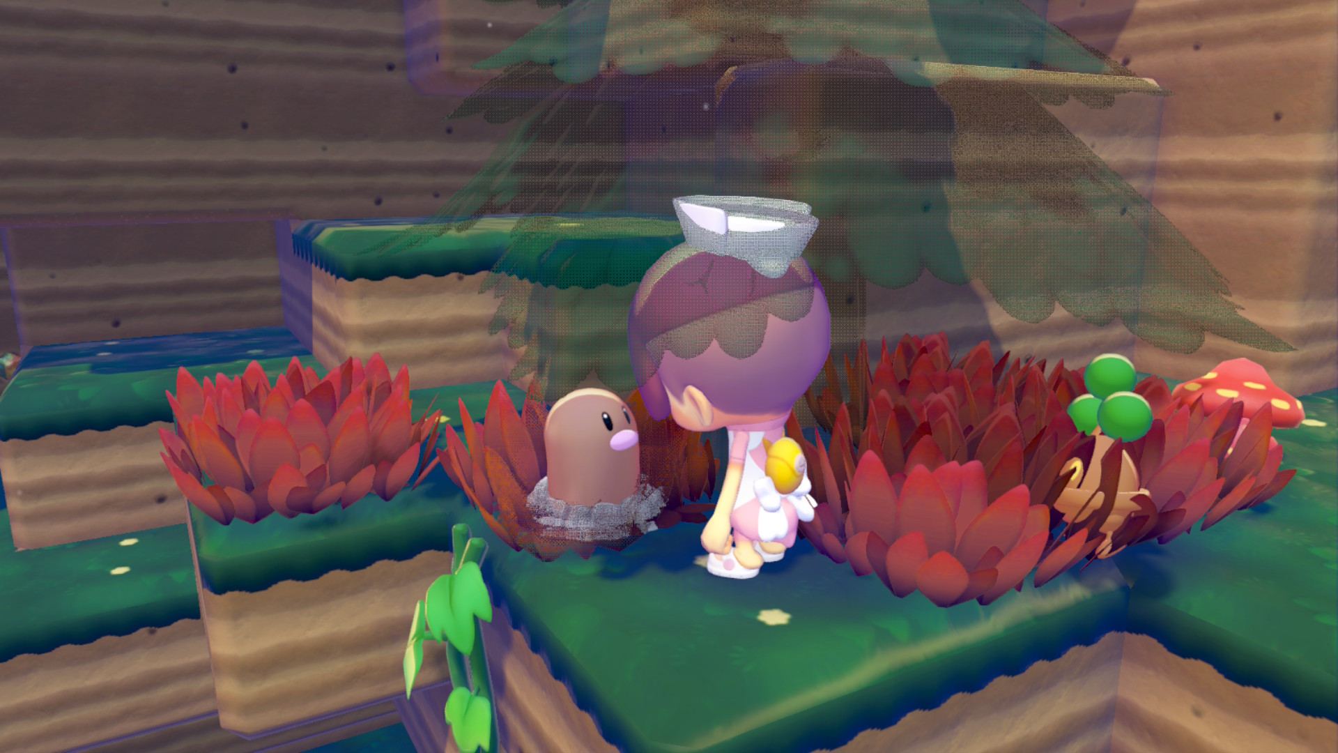 A screenshot of Pok&amp;eacute;mon Pokopia with a Diglett and Bonsli.