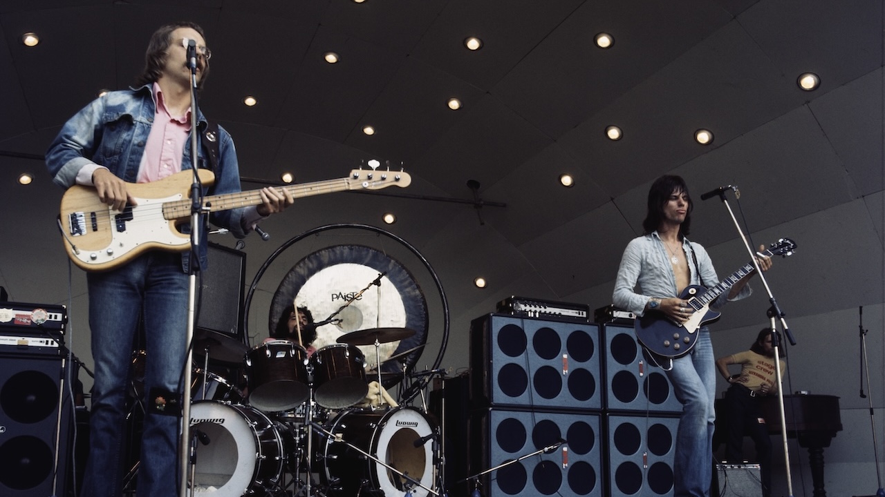 Bass player Tim Bogert, drummer Carmine Appice and guitar player Jeff Beck perform on stage as Beck, Bogert &amp;amp; Appice at Crystal Palace in London, England, UK, 15th September 1973.