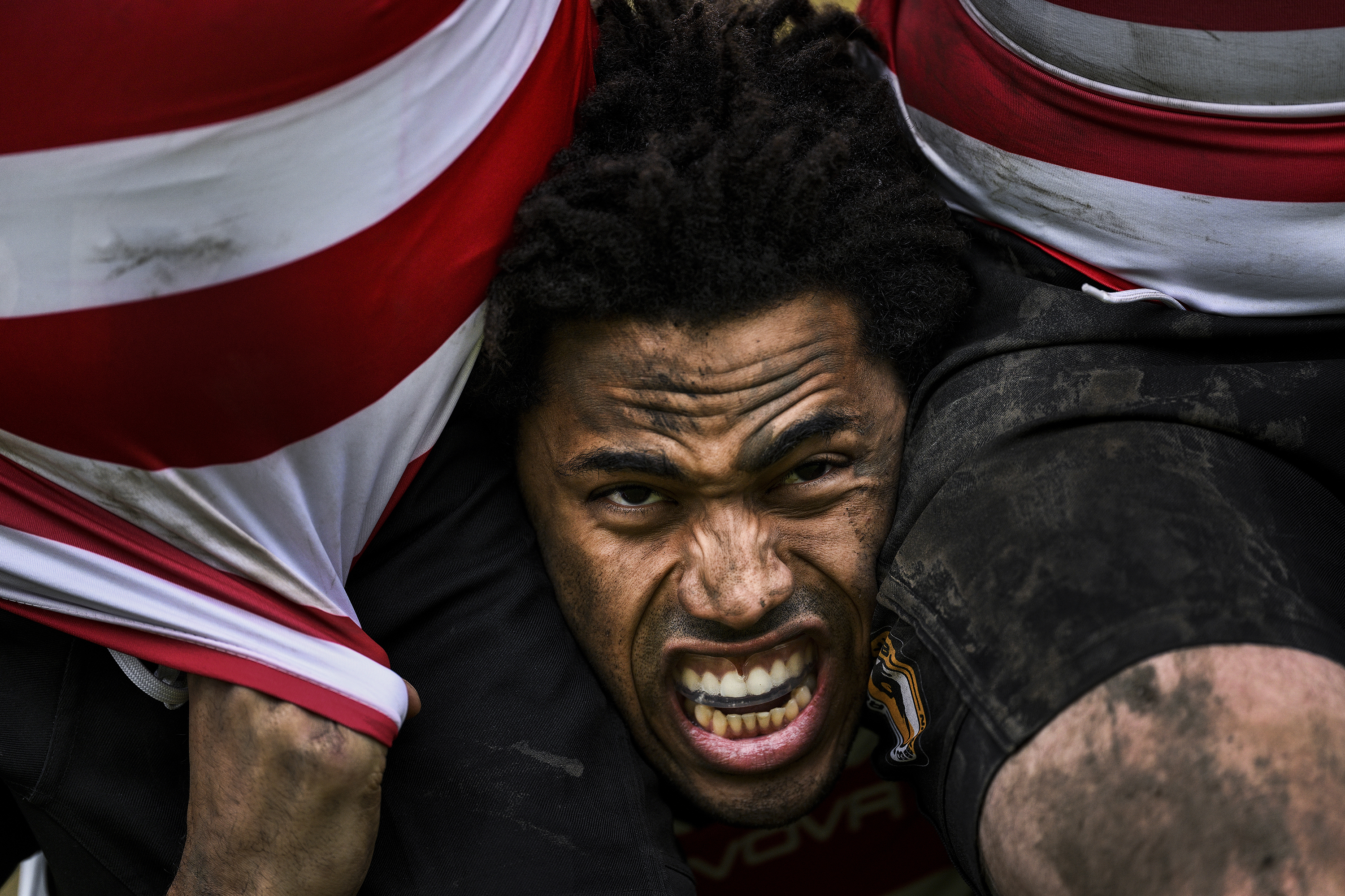 The face of a rugby player in a scrum shot on the Nikon Z 400mm lens