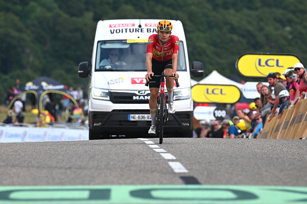 Anthon Charmig of Denmark and Team Uno-X Mobility last rider crossing the finish line during the 113th Tour de France 2026 - Stage 14