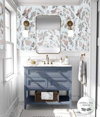 Blue patterned wallpaper behind bathroom vanity unit