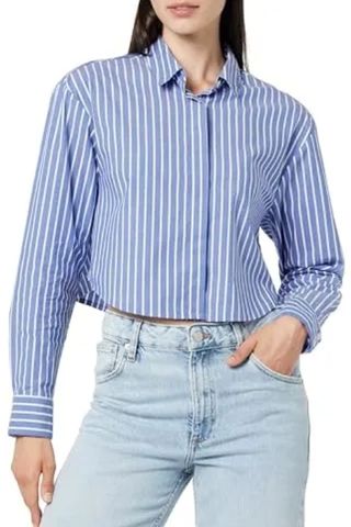 The Drop Women's Isadora Cropped Poplin Shirt, Blue/whisper White Stripe, Xl