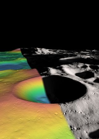 This split-view image shows an elevation map (left) and shaded relief (right) of the 21-kilometer-wide Shackleton Crater. The crater’s structure is shown in false color from data by NASA's LRO probe. Image released June 20, 2012.