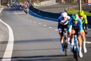 Belgian Dries De Bondt of Decathlon AG2R La Mondiale Team, Belgian Tim Wellens of UAE Team Emirates and Belgian Criel Desal of Wagner Bazin WB pictured in action during the Kuurne-Brussels-Kuurne one day cycling race, 196,9 km from Kuurne to Kuurne via Brussels, Sunday 02 March 2025. BELGA PHOTO DIRK WAEM (Photo by DIRK WAEM / BELGA MAG / Belga via AFP)