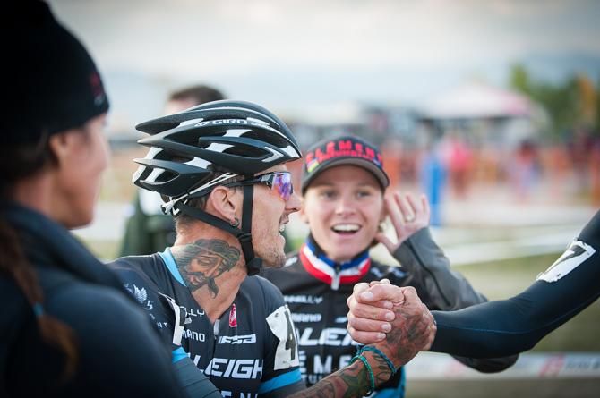 Berden (Raleigh Clement) and Ryan Trebon (Cannondale) with Caroline Mani (Raleigh) and Nicol Duke (Marin). A little sportsmanship after the race. Colorado Cross Classic.