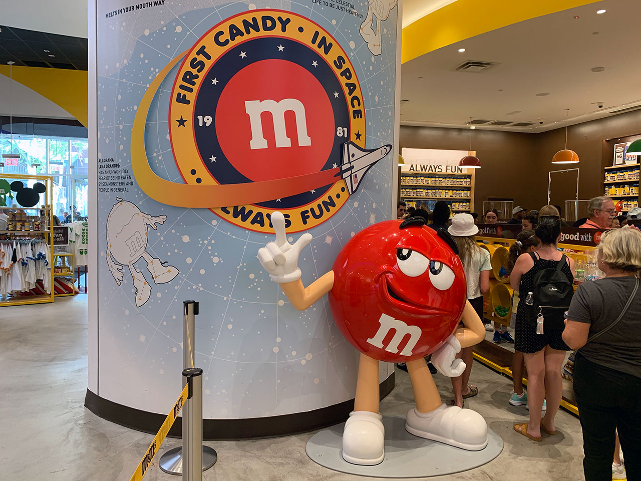 The "First Candy in Space" display in the M&M's Store at Disney Springs in Orlando, Florida celebrates the candies' space history but dates it back to 1981.