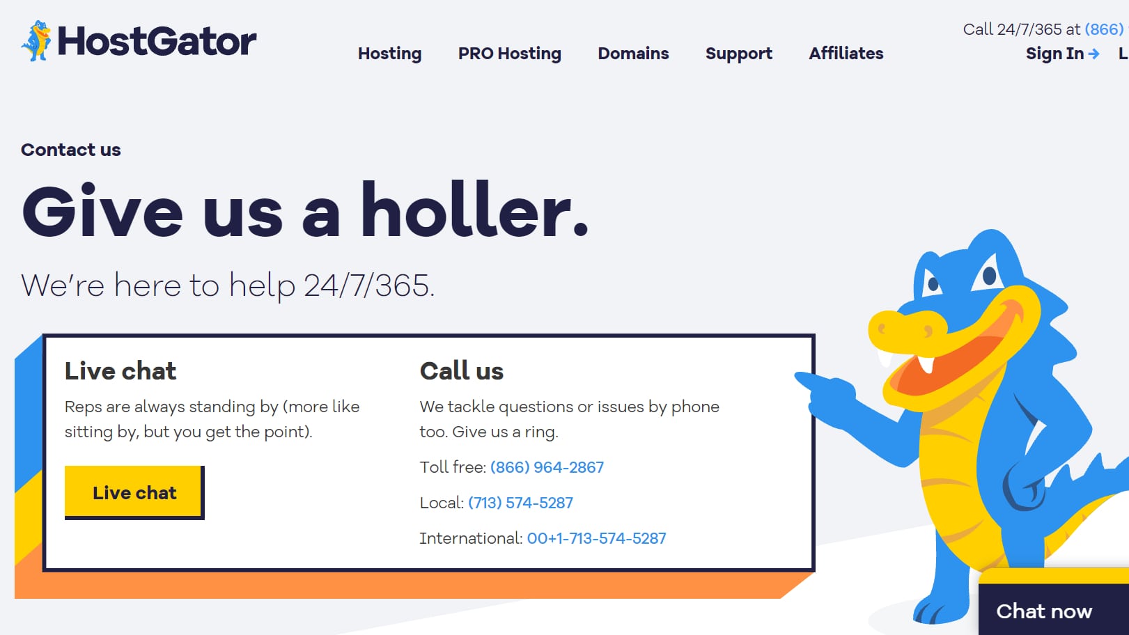 HostGator customer support page