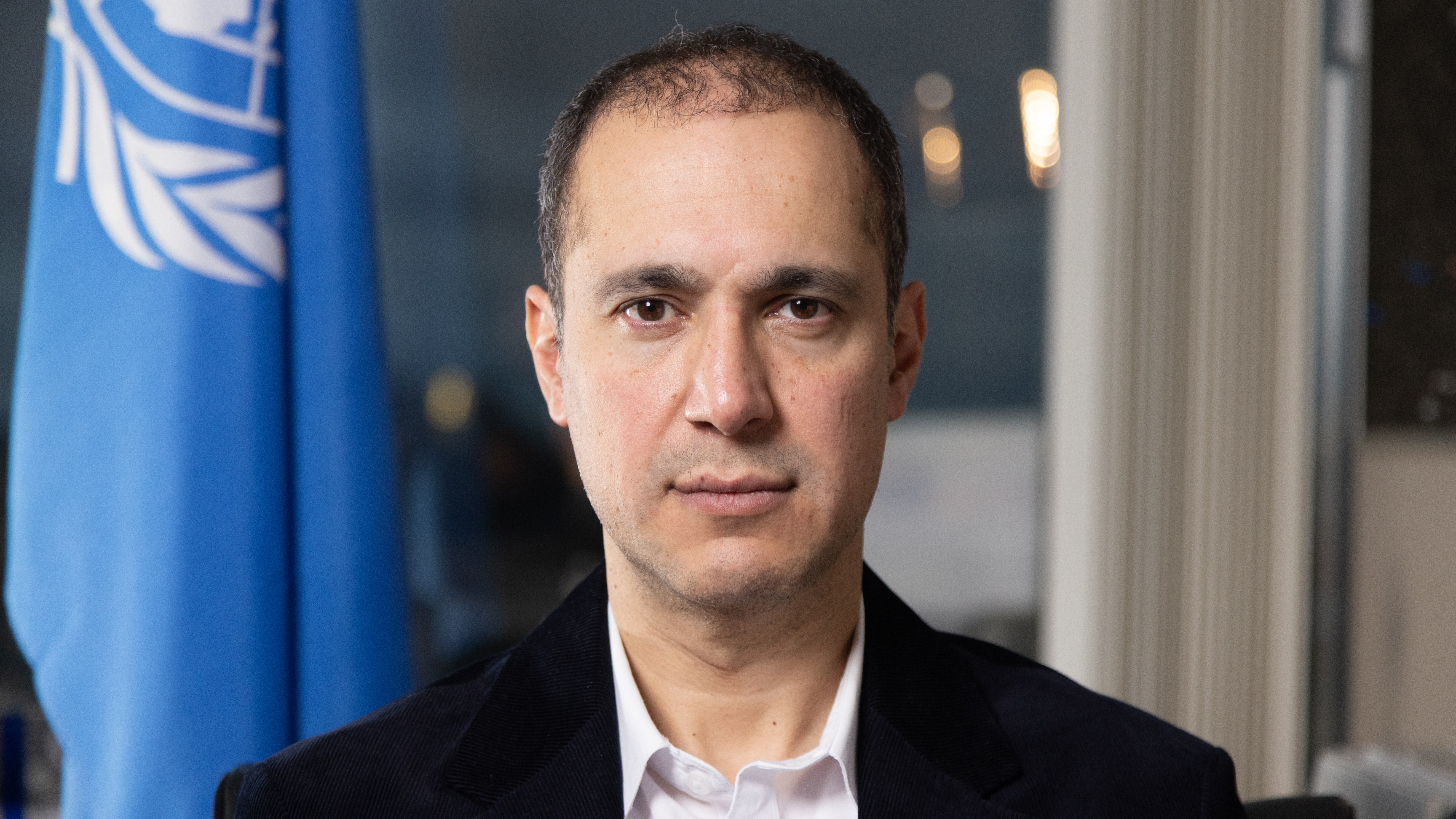 Portrait of Kaveh Madani with a UN flag in the background.
