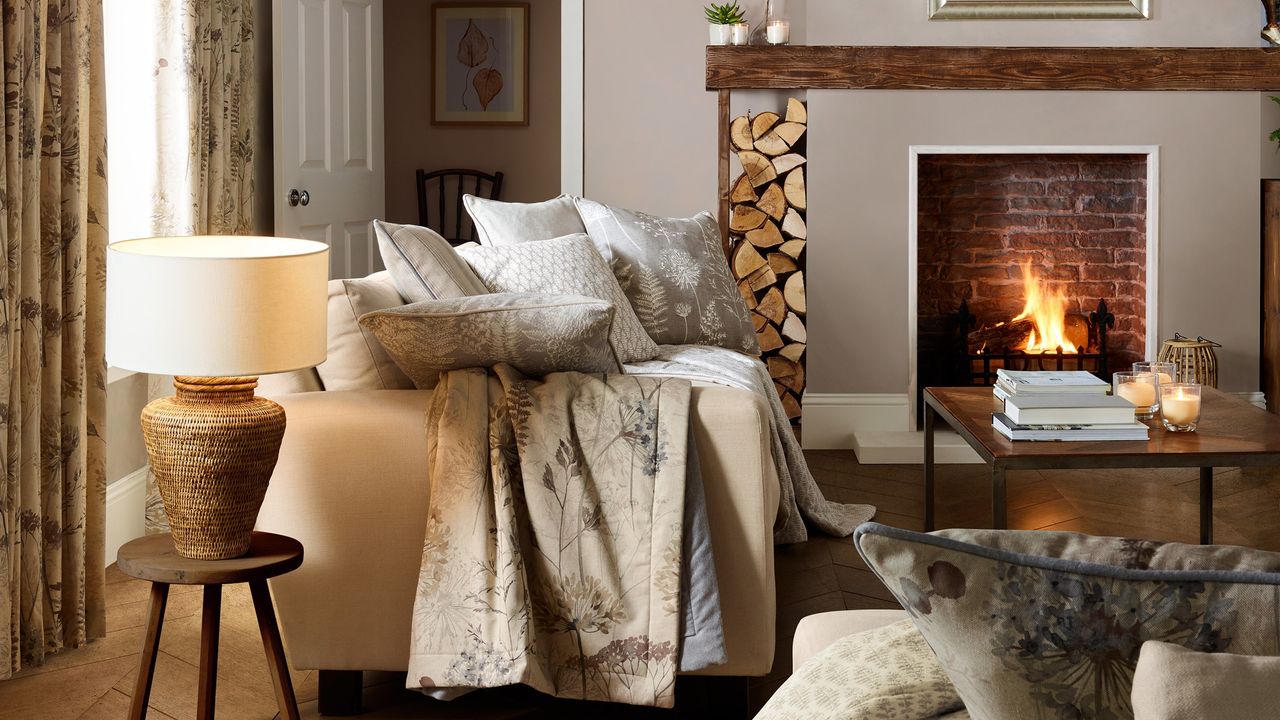 A living room with a lit fireplace and a cream sofa covered in a pile of cushions and throws