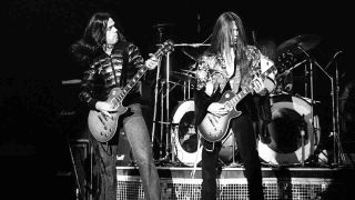 Thin Lizzy’s Gary Moore and Scott Gorham onstage in 1977