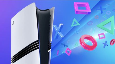 PS5 Pro on a blue background with Sony PlayStation icons