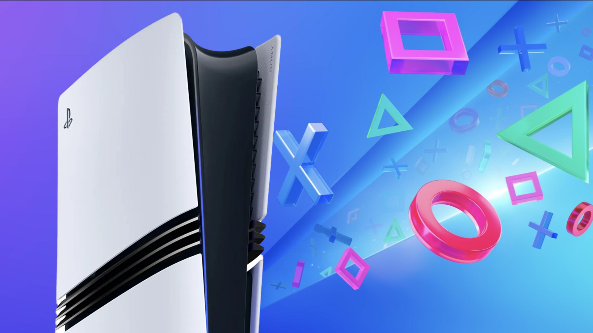 PS5 Pro on a blue background with Sony PlayStation icons
