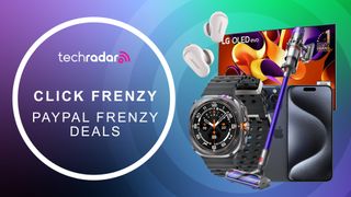 Assortment of tech on a gradient coloured background with Click Frenzy PayPal Frenzy Deals text in white, beneath the TechRadar logo.