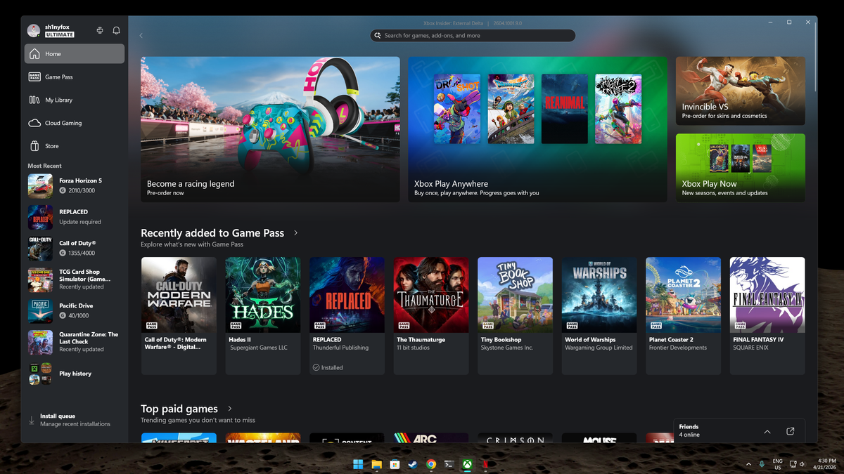 Screenshots of the Windows 11 desktop with the Xbox app open full screen.