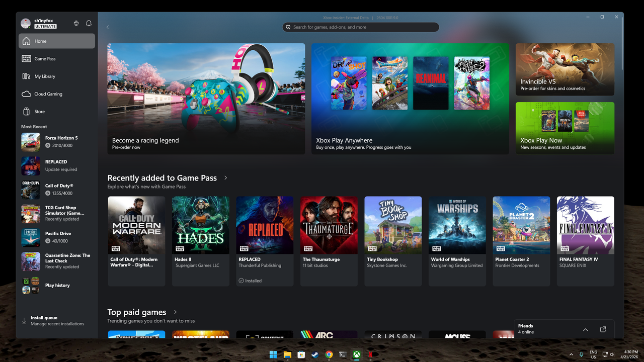 Screenshots of the Windows 11 desktop with the Xbox app open full screen.