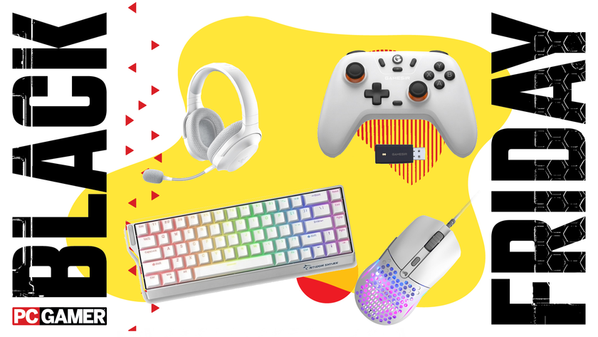 Various white PC peripherals float in the funky Black Friday deal void