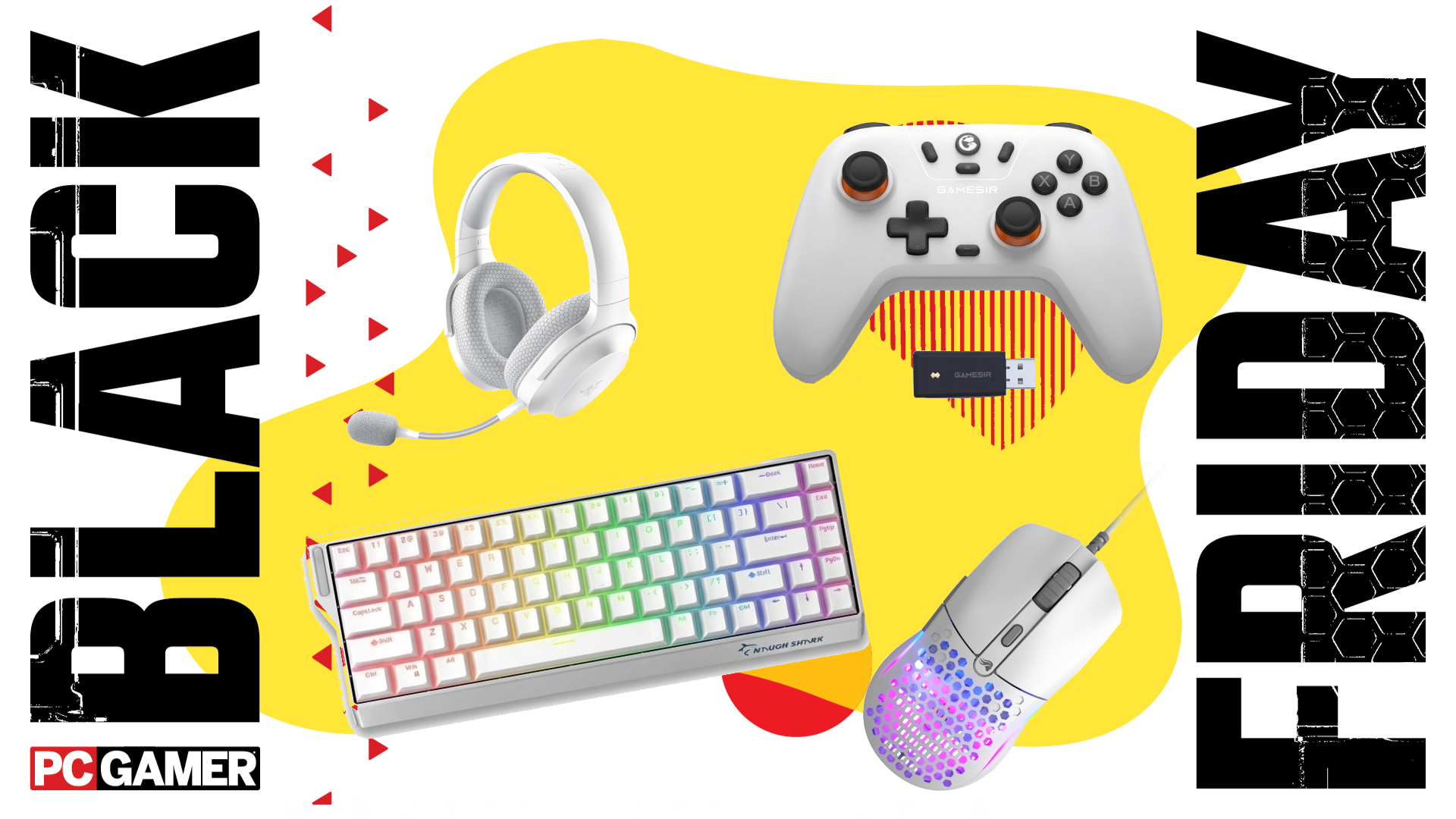 Various white PC peripherals float in the funky Black Friday deal void