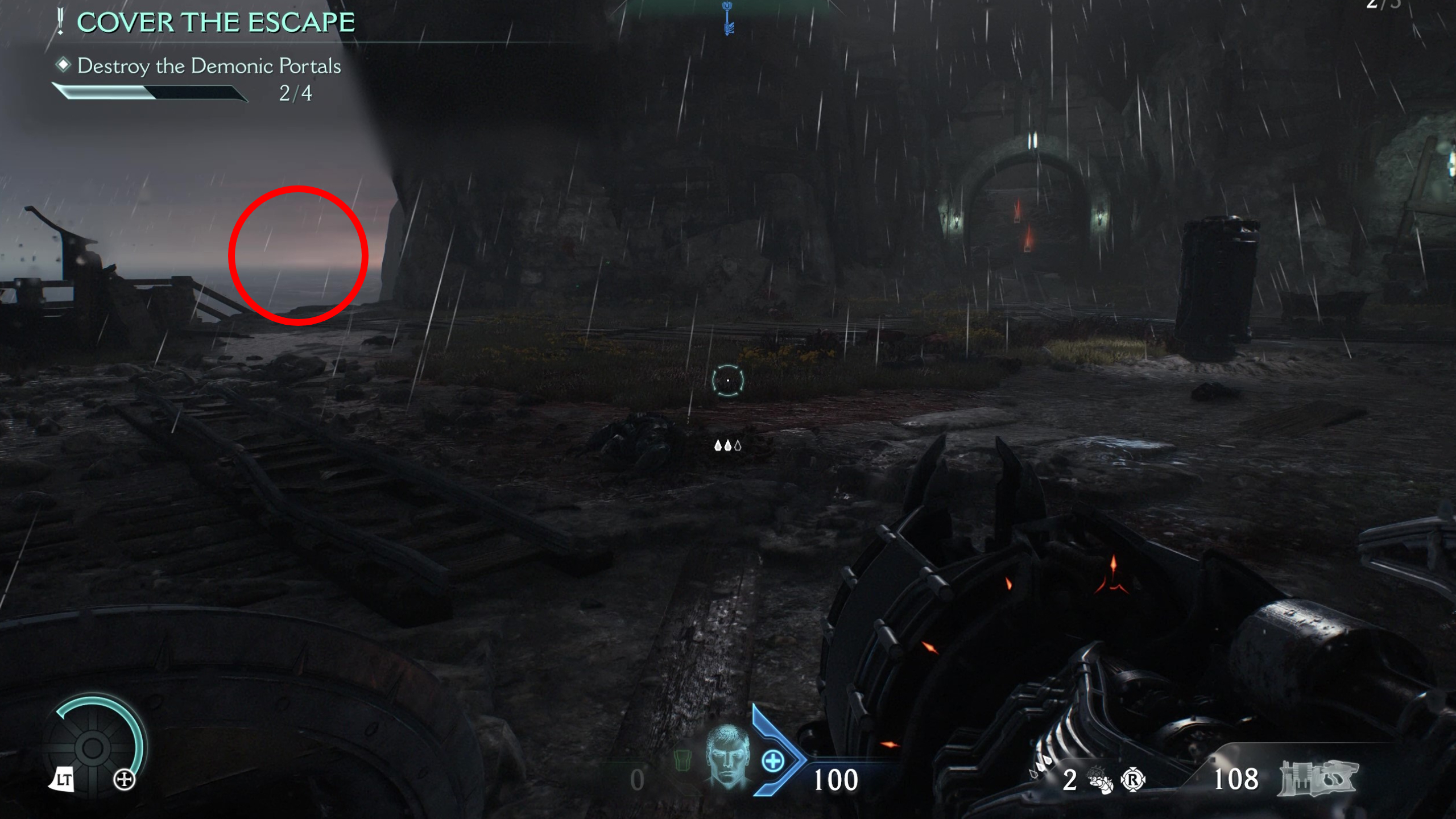 Doom: The Dark Ages Village of Khalim secrets - A rocky mine area in the rain, with a red circle highlighting a hidden path.