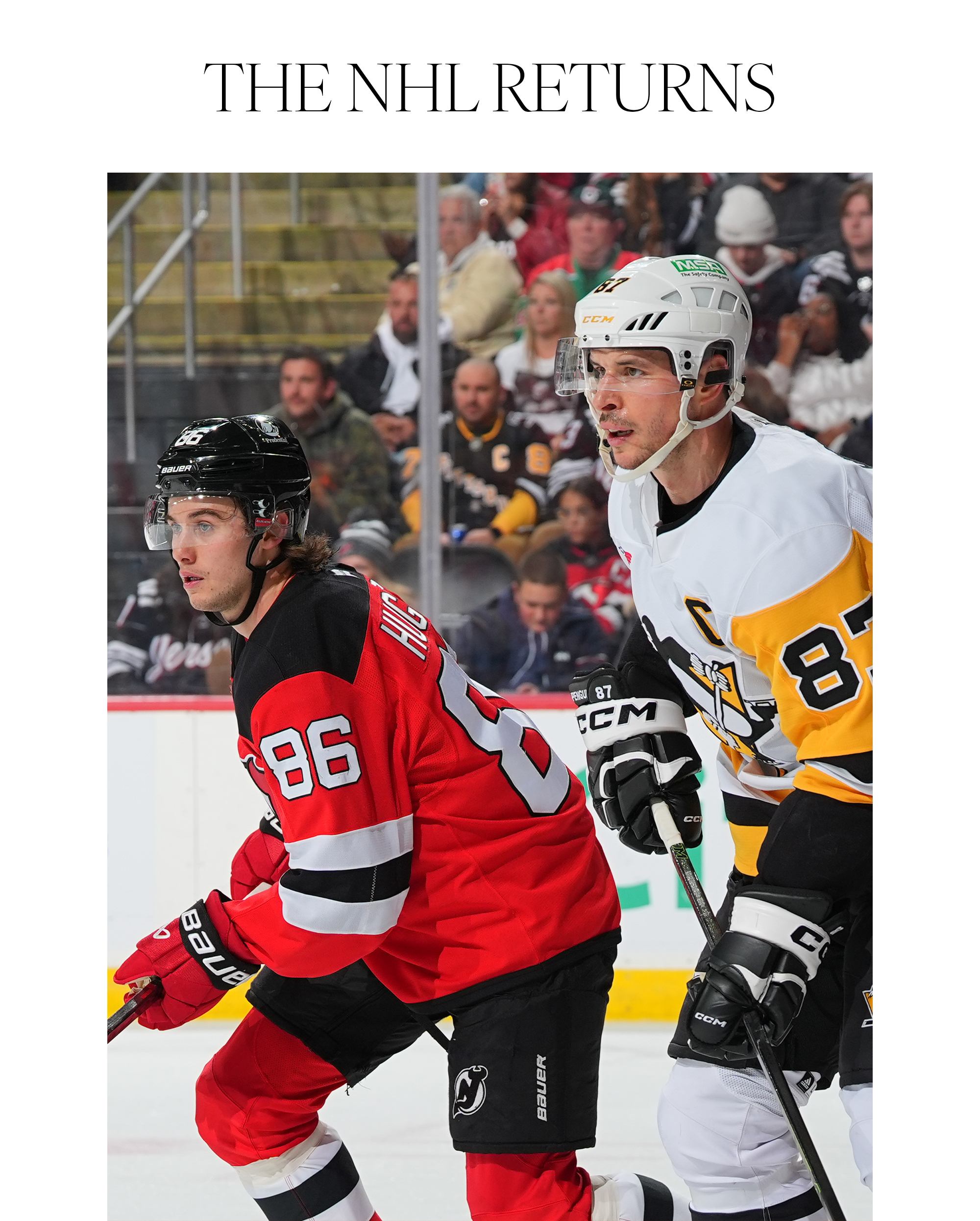 NEWARK, NJ - DECEMBER 21: Jack Hughes #86 of the New Jersey Devils battles Sidney Crosby #87 of the Pittsburgh Penguins in the second period of the game at the Prudential Center on December 21, 2024 in Newark, New Jersey.