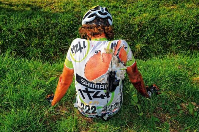 On the deck: Koen de Kort crashed on the descent of the Boignesberg in E3