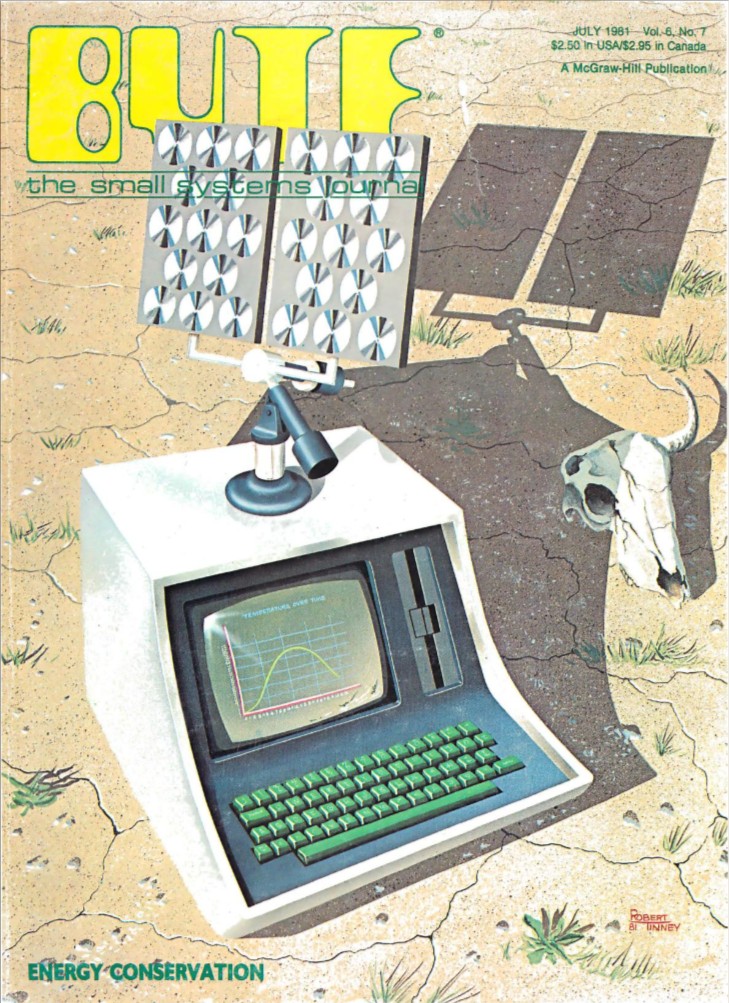 Byte cover showing computer with antenna on cracked desert ground next to animal skull.