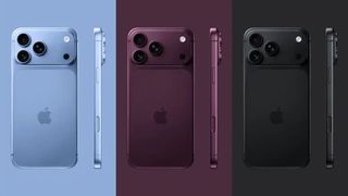 macworld iphone 17 color mockups with blue, black and dark cherry
