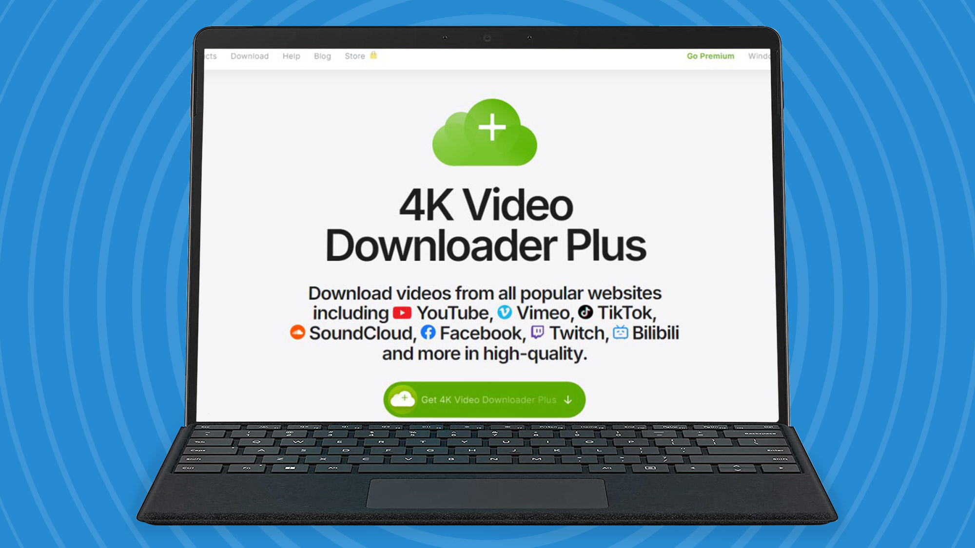 A screenshot from 4K Video Downloader Plus on a laptop screen, on a blue background