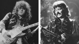 Photographs of Led Zeppelin’s Jimmy Page and Black Sabbath’s Tony Iommi performing onstage in the 1970s