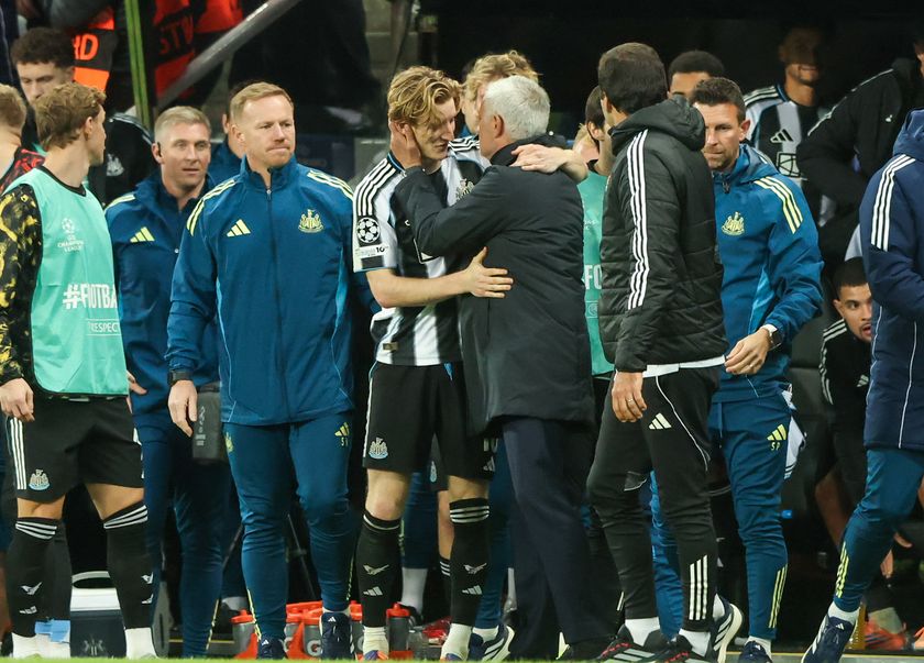 Jose Mourinho embraces Newcastle forward Anthony Gordon at full-time