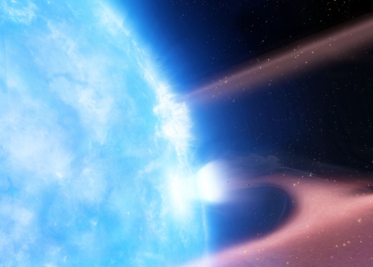 An artist&#039;s impression of the white dwarf G29-38 accreting planetary material from a circumstellar debris disk. When the planetary material hits the white dwarf surface, a plasma is formed and cools via detectable X-ray emission.