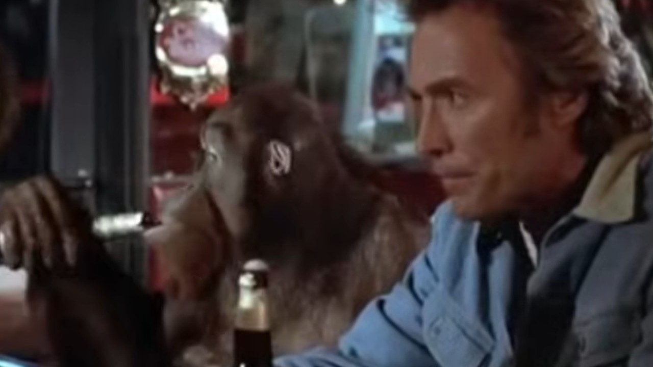 Clint Eastwood drinking alongside an orangutan in Every Which Way But Loose
