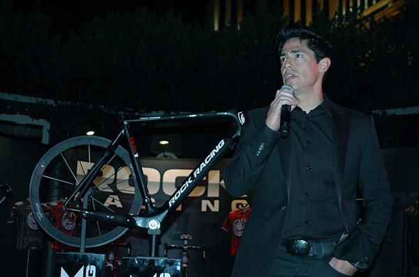Rock Racing team principal Michael Ball launches the squad's bikes for next year.