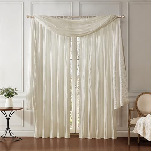 Threadmade Athena Faux Silk Window Curtain and Scarf Set, Ivory - 52" W X 84" L