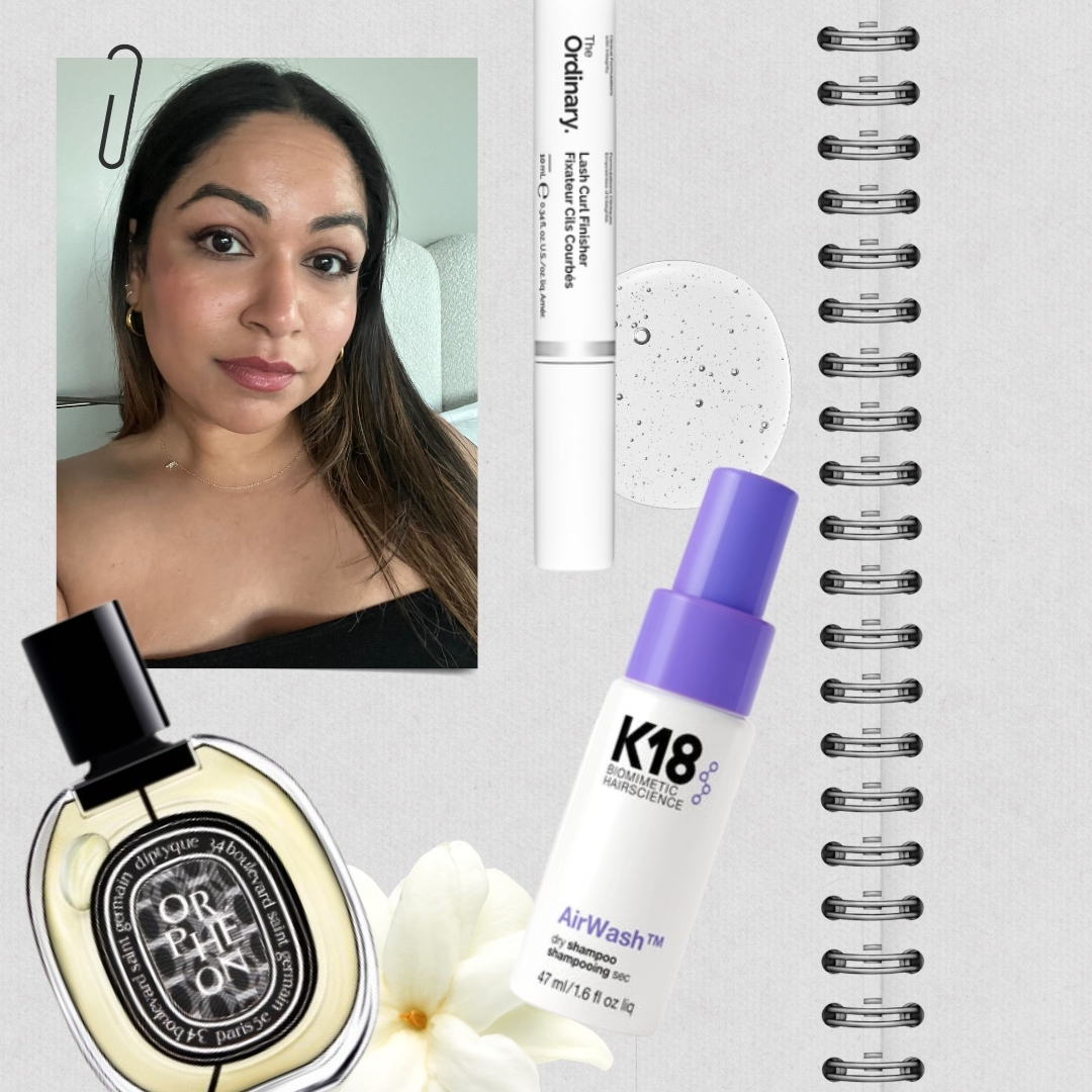 A picture of Digital Beauty Ecom Editor, Aleesha Badkar on a grey notebook page background surrounded by beauty products from Diptyque, K18 and The Ordinary, alongside a serum swatch and jasmine flower stock image.