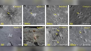 Examples of archaeological artifacts and features on the moon: (a) Crater formed by impact of USA's Ranger 6 lunar probe in 1964; (b) USA's Apollo 13 Saturn IVB upper stage impact site from 1970; (c) Israel’s Beresheet Moon lander crash site from soft landing in 2019; (d) China's Chang'e 4 lunar lander, launched in 2018; (e) Photograph and partial footprint left behind by astronaut Charles Duke during USA's Apollo 16 mission in 1972; (f) USA's Apollo 17 Lunar Surface Experiments Package site in 1972 showing the Lunar Surface Gravimeter in the foreground and the lunar module in the far background; (g) USA's NASA Surveyor 3 probe that landed in 1967 and footprints from Apollo 13 which occurred over three years later, resulting in the recovery of some probe components; (h) Tracks of Russia's Lunokhod 2 rover deployed during the 1973 Luna 21 mission.