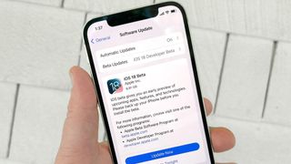 The iOS 18 beta appears on a download screen on aniPhone 12 running iOS 17