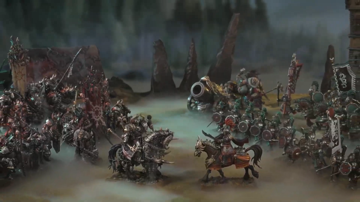 Warriors of Chaos vs. Catahy on a misty battlefield