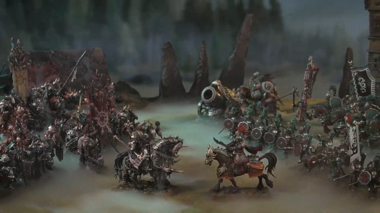 Warriors of Chaos vs. Catahy on a misty battlefield