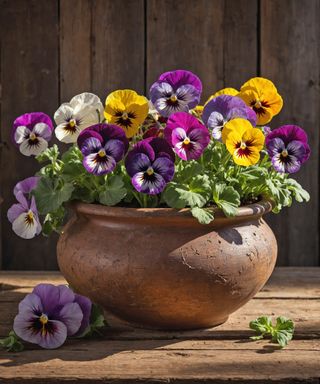 Pansies in terracotta pot