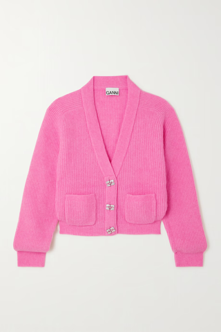 pink cardigan with crystal buttons