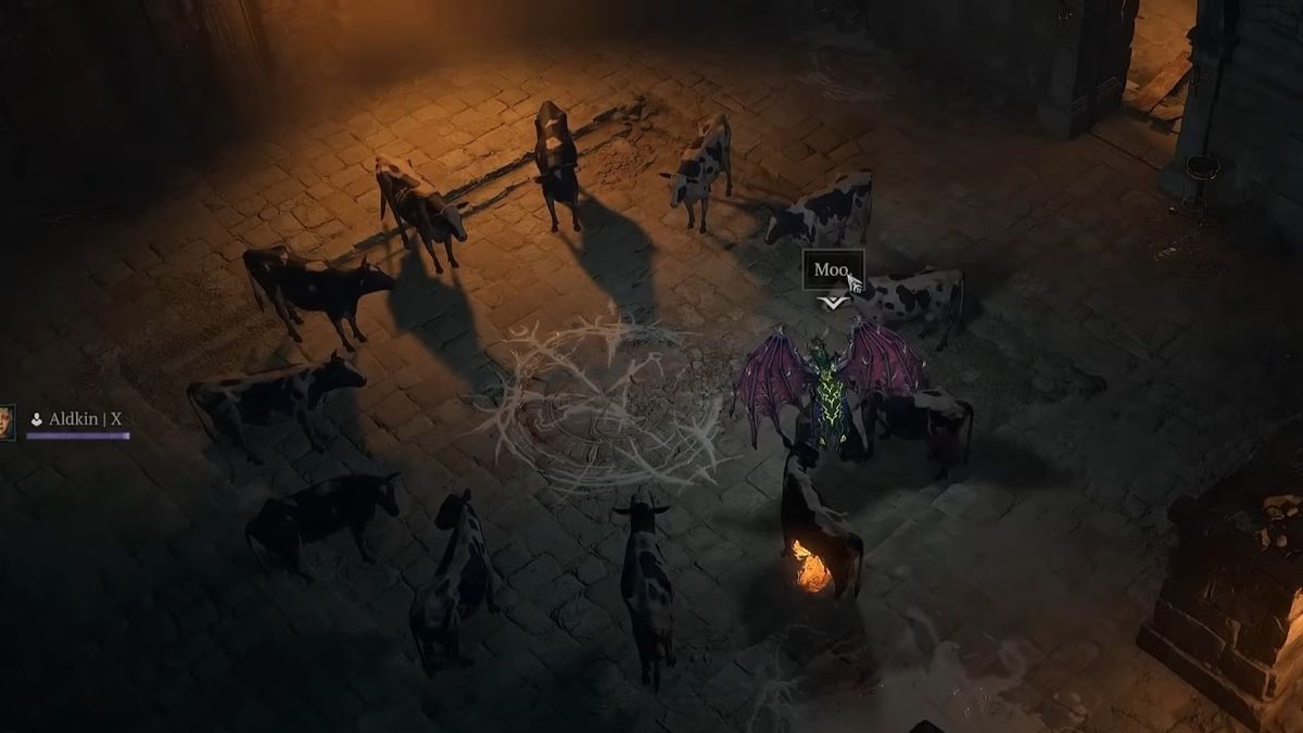 A dark, stone-floor room featuring a character in purple armor and wings, surrounded by cows standing near a glowing circular symbol on the ground.