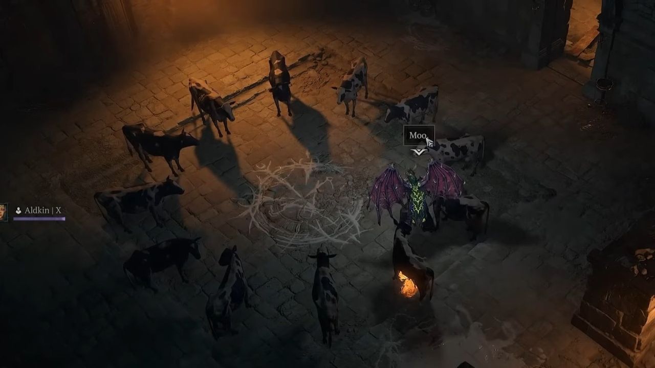 A dark, stone-floor room featuring a character in purple armor and wings, surrounded by cows standing near a glowing circular symbol on the ground.