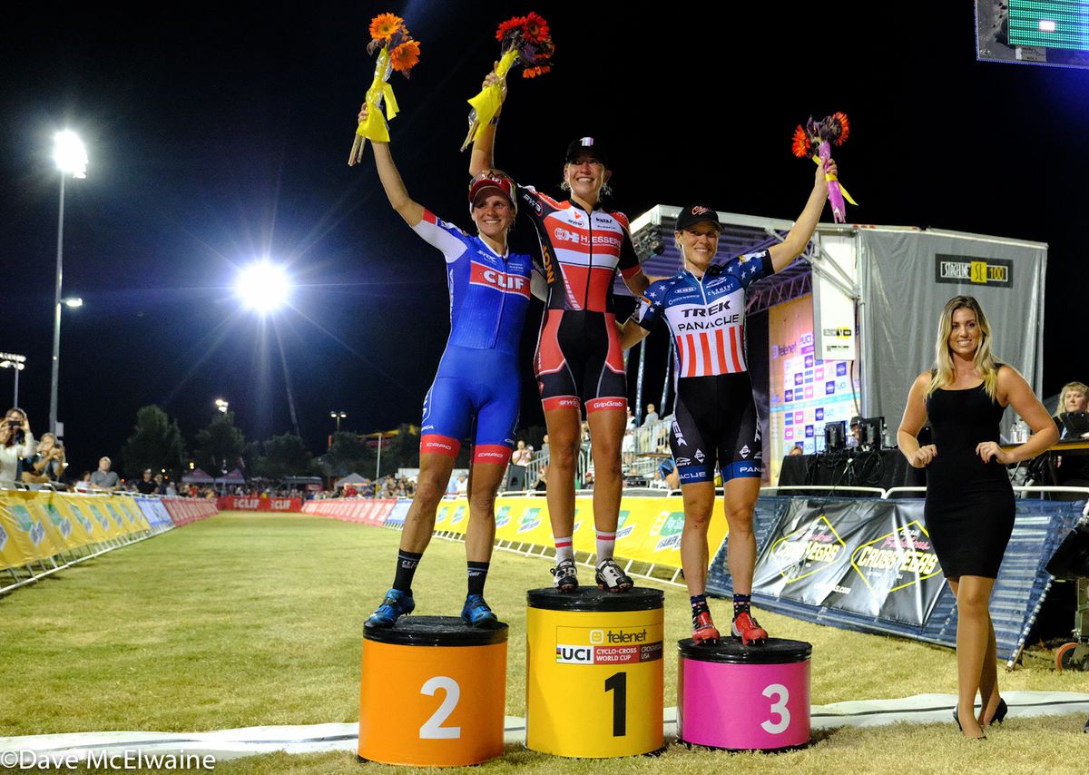 The women's CrossVegas podium: Nash, De Boer and Compton