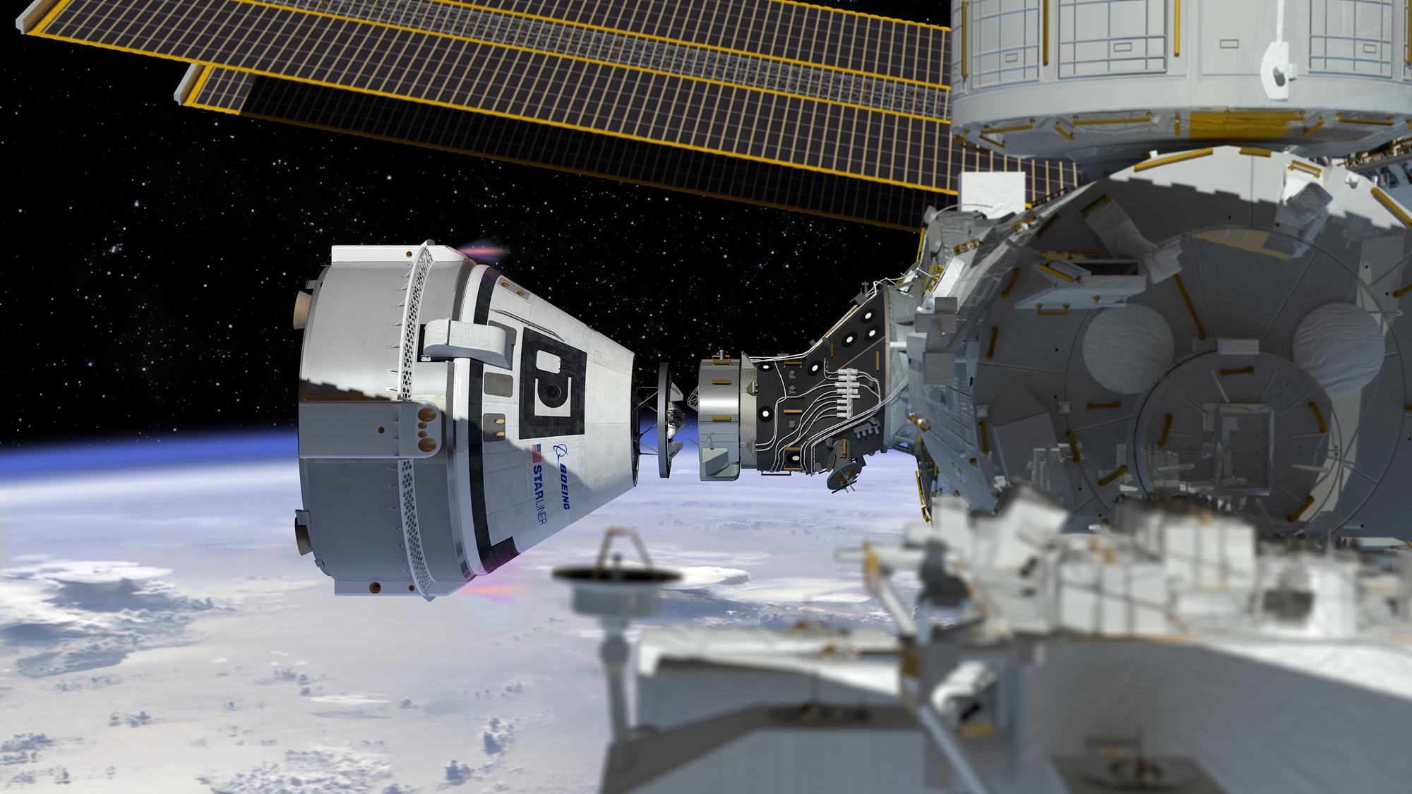 A Boeing CST-100 Starliner spacecraft approaches the International Space Station in this artist&#039;s concept image.