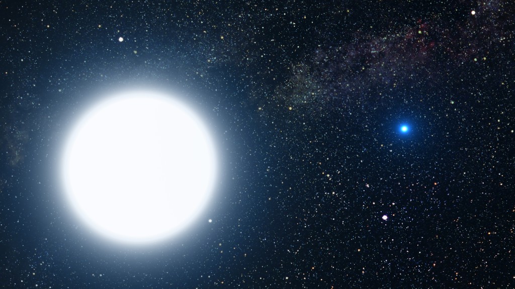 Large white star on the left and a relatively much smaller blue star on the right.