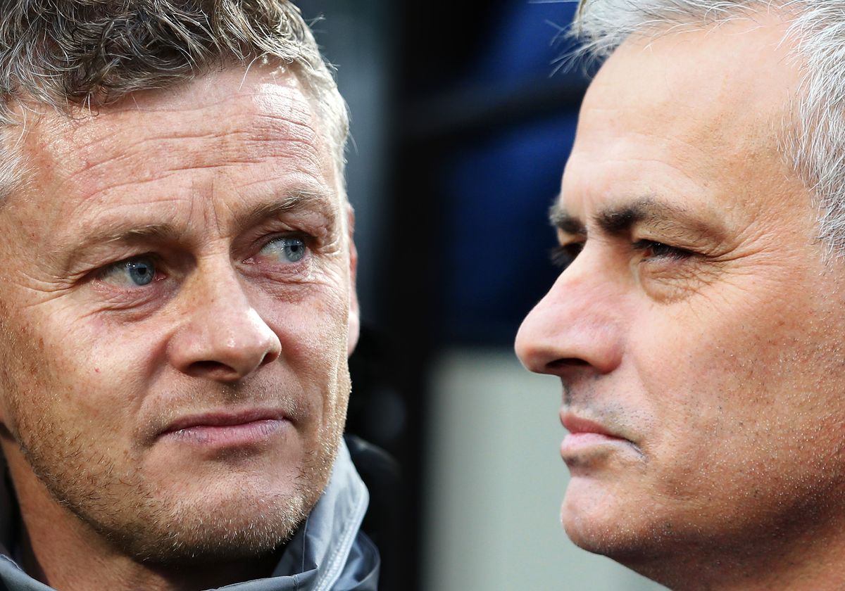 FILE PHOTO (EDITORS NOTE: COMPOSITE OF IMAGES - Image numbers 1178800802,1189532555 - GRADIENT ADDED) In this composite image a comparison has been made between Ole Gunnar Solskjaer, Manager of Manchester United (L) and Jose Mourinho, Manager of Tottenham Hotspur. Manchester United and Tottenham Hotspur meet in a Premier League fixture on December 4,2019 in Manchester,England. ***LEFT IMAGE*** THE HAGUE, NETHERLANDS - OCTOBER 03: Ole Gunnar Solskjaer, Manager of Manchester United looks on prior to the UEFA Europa League group L match between AZ Alkmaar and Manchester United at ADO Den Haag on October 03, 2019 in The Hague, Netherlands. (Photo by Bryn Lennon/Getty Images) ***RIGHT IMAGE*** LONDON, ENGLAND - NOVEMBER 23: Jose Mourinho, Manager of Tottenham Hotspur looks on during the Premier League match between West Ham United and Tottenham Hotspur at London Stadium on November 23, 2019 in London, United Kingdom. (Photo by Stephen Pond/Getty Images)